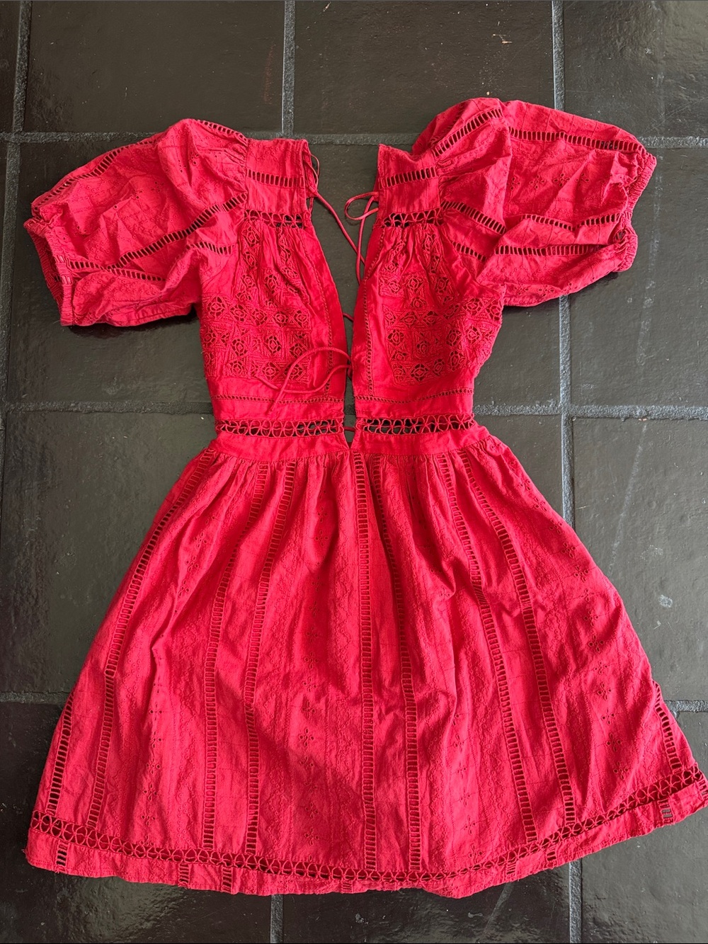Urban Outfitters Red Eyelet Puff-Sleeve Cutout Dress